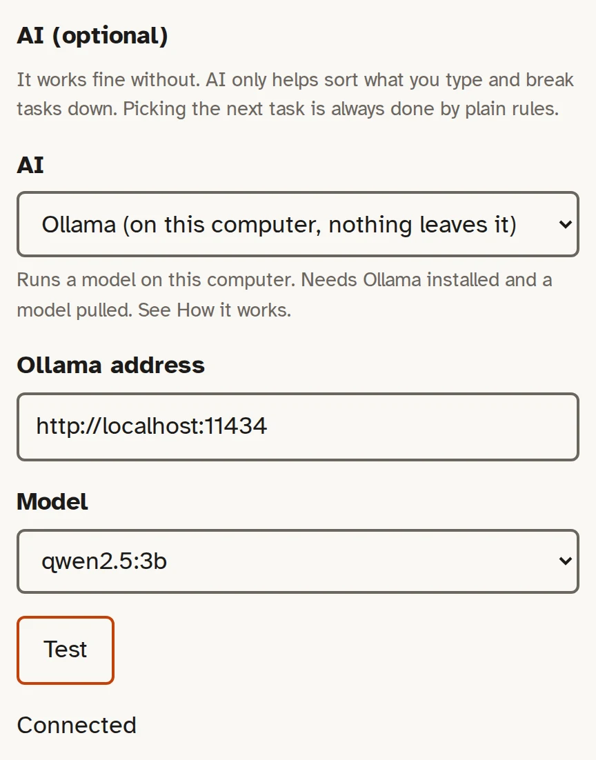 The Settings screen with Ollama picked as the AI and the word Connected under the Test button