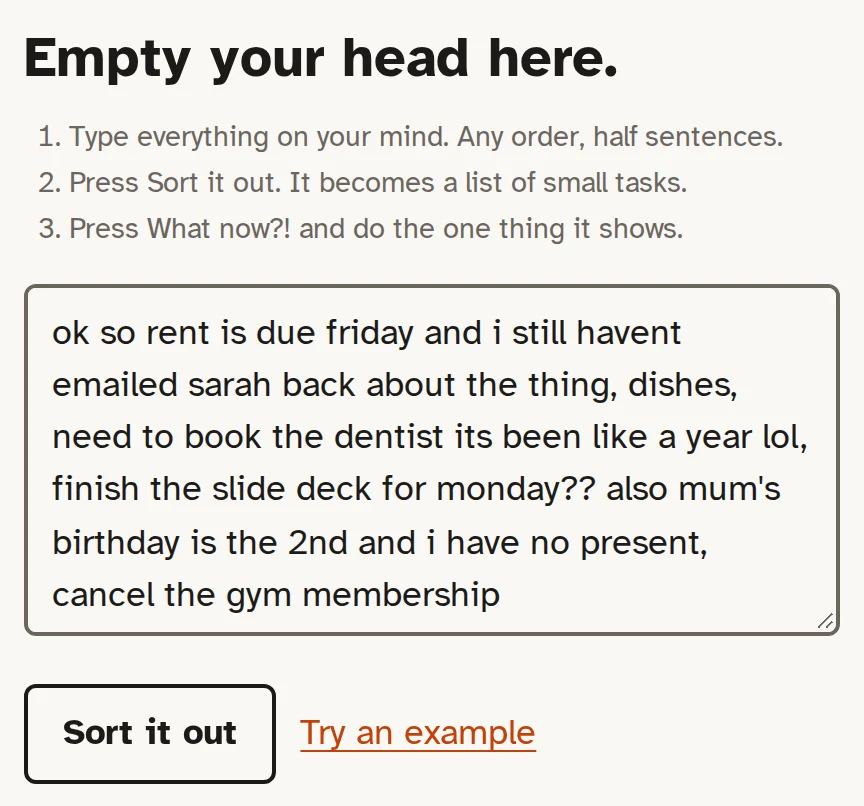 The What now page with a messy list typed into the box and the Sort it out button below it